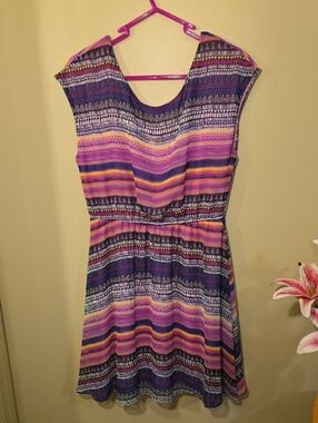 buttons Multicolor Striped Mini Dress in Purple, Pink, Yellow, Boho, Festival